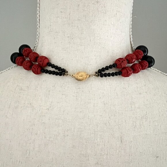 Vintage Chinese Black Red Cinnabar Bead Double Strand Necklace Sterling Clasp - Picture 8 of 8